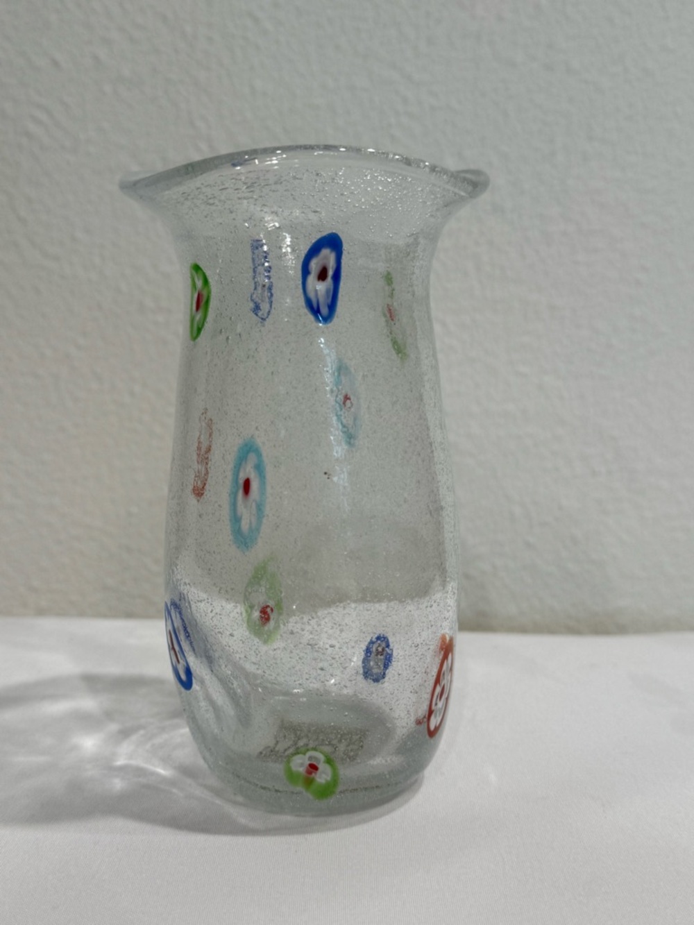 Clear Art Glass Vase with Colorful Millefiori Flowers